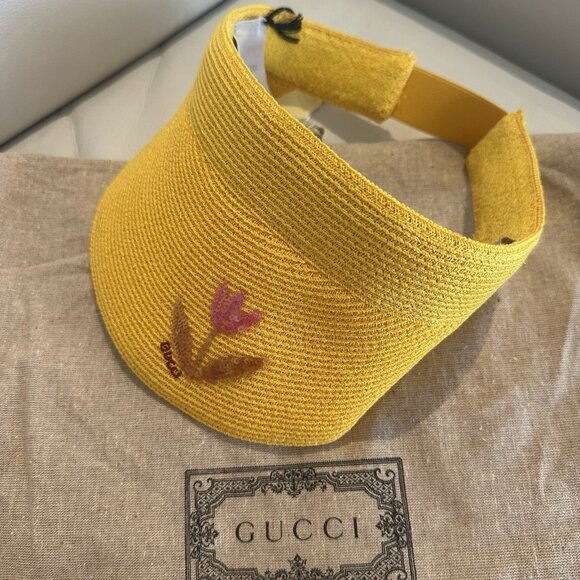 NWT GUCCI Hat Sun Visor Straw Yellow Sz S 100% Authentic - Picture 5 of 10